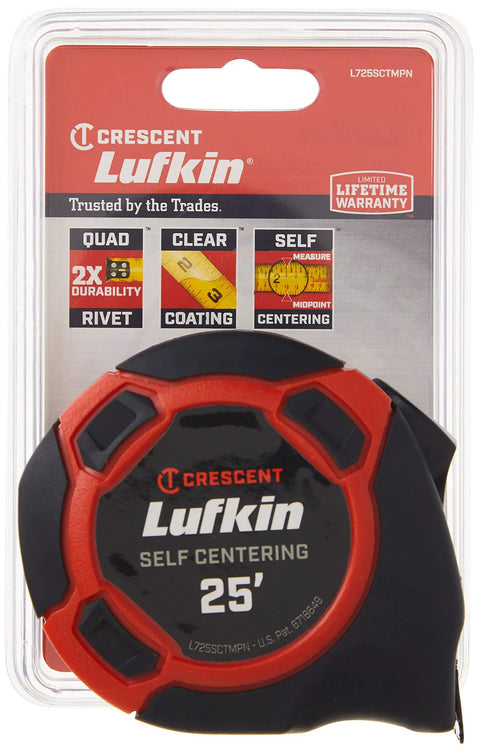 Packaging of Self Centering Tape Measure 1 Inch By 25 Foot With Clear Blade Coating Ergonomic Design Pro Grade Durability Reinforced End Hook And Quad Rivet Durable Tape For Easy Centering Precise Readouts And Long Lasting Use.