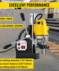 Beast 1100W Magnetic Drill Press With 1.57 Inch Core Bore 2810 Lbs Magnetic Force showing motor specs and controls for metalworking.