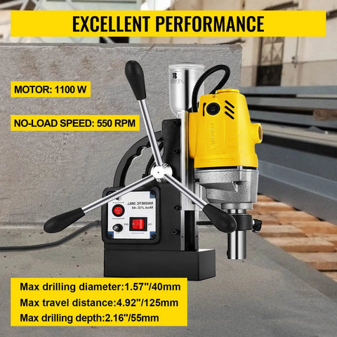 Heavy Duty 1100W Magnetic Drill Press With 40Mm Coring Diameter And 2810 Lbs Holding Force, showing motor specs and controls.