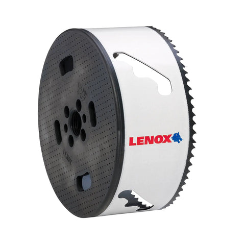Bi-Metal Hole Saw With Speed Slot For Metal Cutting, T3 Technology, 4-1/2 Inch showing side view with teeth and logo