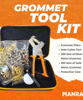 Heavy Duty Grommet Tool Kit With Three Eighths Inch Eyelet Pliers And Ten Millimeter Punch for tarps, fabric, leather shown in open case