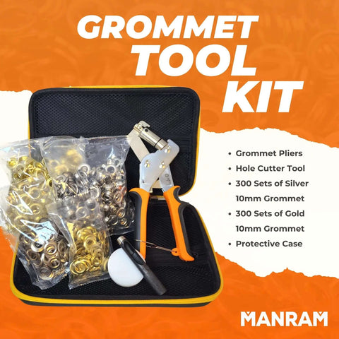 Heavy Duty Grommet Tool Kit With Three Eighths Inch Eyelet Pliers And Ten Millimeter Punch for tarps, fabric, leather shown in open case