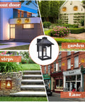 Collage of 2 Pack Solar Lanterns Outdoor Waterproof IP65 With 3 Modes Wireless Dusk To Dawn Motion Sensor LED Sconce Lights in various settings
