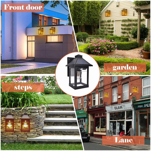 Collage of 2 Pack Solar Lanterns Outdoor Waterproof IP65 With 3 Modes Wireless Dusk To Dawn Motion Sensor LED Sconce Lights in various settings