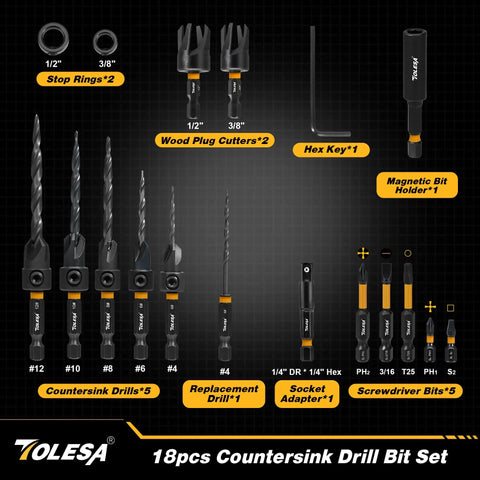 Complete 18-Piece Countersink Drill Bit Set For Wood With Magnetic Extension Bit Holder And Storage Box For DIYers By TOLESA