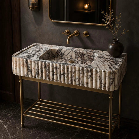 Calacatta Viola Marble Fluted Sink, Hand-Carved Rectangular Bathroom Vanity Basin with gold metal stand and dark background.