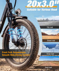 Foldable Electric Bike for Adults With 1200W Peak Motor, 20 inch fat tires on rocky terrain, showcasing front fork suspensions.