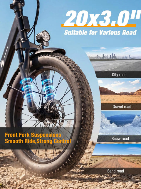 Foldable Electric Bike for Adults With 1200W Peak Motor, 20 inch fat tires on rocky terrain, showcasing front fork suspensions.