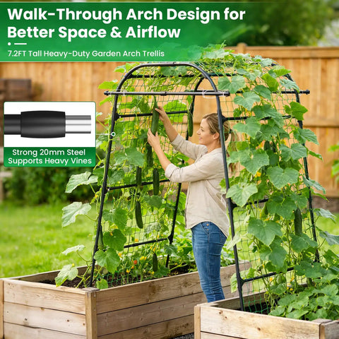 Person tending to Heavy Duty Garden Arch Trellis For Climbing Plants With Walk Through Metal Frame And Netting Seven Point Two Feet Tall