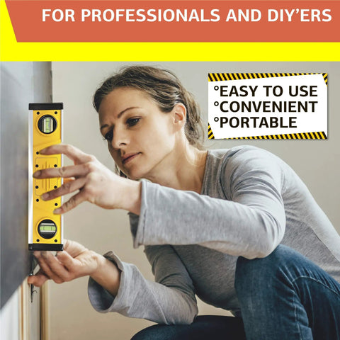 Digital Level 10 Inch Torpedo Level With Protractor And Magnetic Base used by woman on wall, magnetic base visible