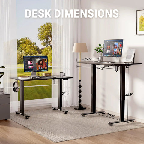47.2 Inch Standing Desk With Adjustable Height And Wood Top For Home Office And Gaming, shown in two height settings