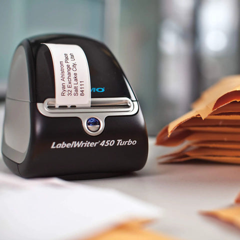 LabelWriter 450 Turbo Direct Thermal Printer Turbo Mode with printed label, perfect for shipping, filing, and name badges.
