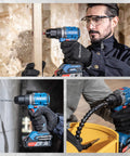 Three views of 20V Brushless Heavy Duty Impact Drill Kit With 531 Inch Lbs Beast Torque, 1/2 Inch Keyless Metal Chuck drilling wood, metal, and brick.