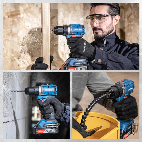 Three views of 20V Brushless Heavy Duty Impact Drill Kit With 531 Inch Lbs Beast Torque, 1/2 Inch Keyless Metal Chuck drilling wood, metal, and brick.