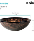 Round Brown Glass Vessel Bathroom Sink 17 Inch with Above Counter Design, model GV-398-19mm, side view with dimensions.