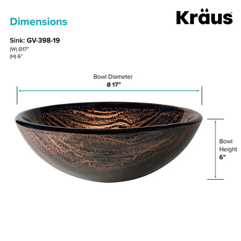 Round Brown Glass Vessel Bathroom Sink 17 Inch with Above Counter Design, model GV-398-19mm, side view with dimensions.