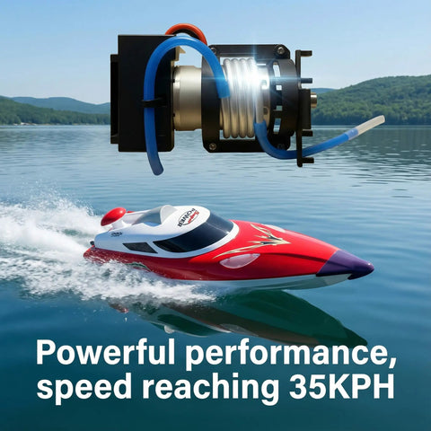 Fast 19 Inch RC Boat With 35 Plus KPH Top Speed Remote Control Water Toy For Kids And Adults on a lake