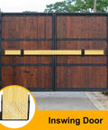 Two Pack Heavy Duty Barricade Brackets For Security Door Reinforcement Drop Open Bar Holder Steel U Bracket In 4.0mm Thick Steel Installed on Inswing Wooden Gate, Industrial Grade Black Powder Coating For Rust Resistance.