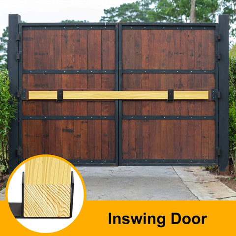 Two Pack Heavy Duty Barricade Brackets For Security Door Reinforcement Drop Open Bar Holder Steel U Bracket In 4.0mm Thick Steel Installed on Inswing Wooden Gate, Industrial Grade Black Powder Coating For Rust Resistance.