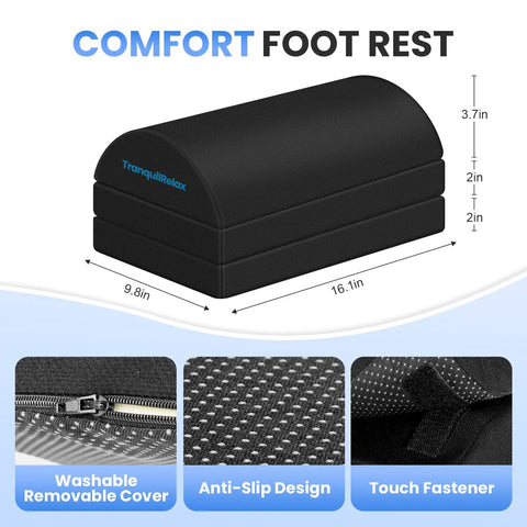 Black ergonomic foot stool with adjustable heights, washable cover, anti-slip design, and touch fastener for office or gaming setup.