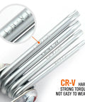 Heavy Duty Folding Torx Star Key Set With Tamper Resistant Security Design crafted from premium chrome vanadium steel, showing bit sizes.
