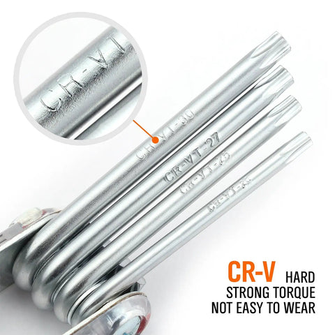 Heavy Duty Folding Torx Star Key Set With Tamper Resistant Security Design crafted from premium chrome vanadium steel, showing bit sizes.