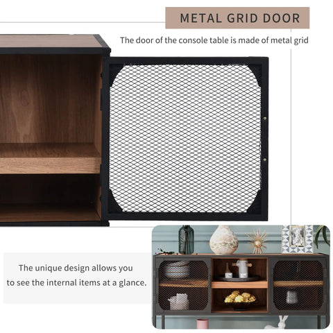 Rock Solid Industrial Buffet Sideboard Console Table With Rustic Farmhouse Barnwood Vibe And Heavy Metal Grid Doors showcasing metal grid door design for organizational ease.