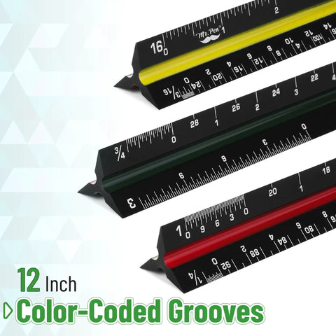 12 Inch Black Architectural Scale Ruler Triangular Aluminum Carpenter Tool With Imperial Marks for Accuracy and Durability