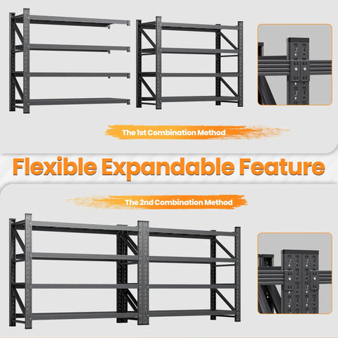 Heavy Duty 4 Tier Garage Shelving Unit, 71 Inch Wide Steel Storage Rack, 5000 Lb Capacity, showing combination methods