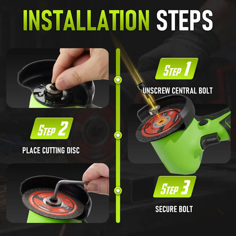 Installation steps for Badass 3 inch Cordless Angle Grinder 16.8V Beast detailing disc setup and securing steps.