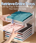 20 Pack Tshirt Organizer Stackable Closet Shelf Storage For Folded Clothes showing trays with colorful shirts stacked neatly in a closet.