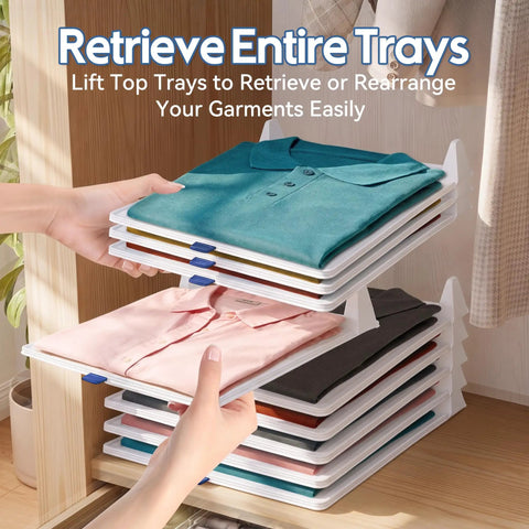 20 Pack Tshirt Organizer Stackable Closet Shelf Storage For Folded Clothes showing trays with colorful shirts stacked neatly in a closet.