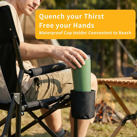 Man using cup holder on Folding Rocking Chair For Adults With Breathable Mesh Back Detachable Waterproof Armrests And Cup Holder Portable Outdoor Camping And Lawn Seat Black Comfy Rocker For Travel And Garden