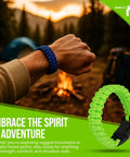 Blue bracelet from 12 Pack Paracord Survival Bracelets With Quick Release Clips In Assorted Colors For Camping, Hiking, And Emergency Gear, Adjustable Medium And Large Sizes worn on wrist near campfire.