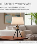 Benson Tripod Floor Lamp, 60 Inch Tall, Black With Antique Brass Accent, Drum Linen Shade, CFL Equivalent, on a table in room