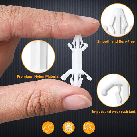 200 Piece Rock Solid Nylon Pcb Standoffs Featuring Double Head Push In Clips For Bulletproof Electronic Insulation And Dead Reliable Motherboard Mounting Brackets Slick Tech Setup Twelve Point Nine Mm held between fingers showcasing nylon material and design details.