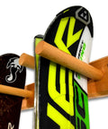 Close-up of Timber Ski Wall Rack Four Pairs Vertical Ski Storage in natural wood holding skis securely
