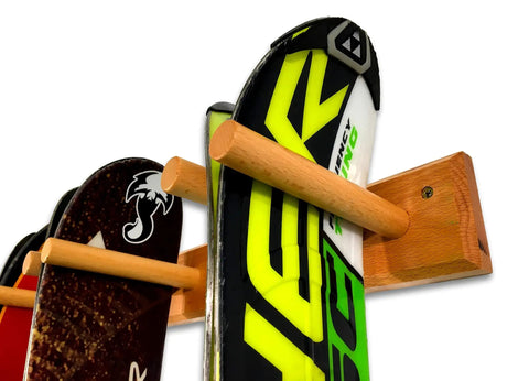 Close-up of Timber Ski Wall Rack Four Pairs Vertical Ski Storage in natural wood holding skis securely