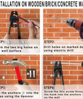 Installation steps for Beefy Steel Garage Storage Hooks Pack Of 16 With Anti Slip Coating on wood, brick, and concrete walls.