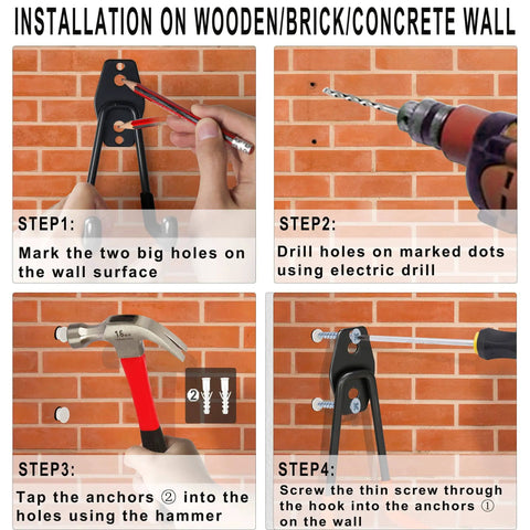 Installation steps for Beefy Steel Garage Storage Hooks Pack Of 16 With Anti Slip Coating on wood, brick, and concrete walls.