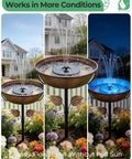 Metal Bird Bath With Solar Fountain, 13 Inch Bowl And 6.3 Inch Solar Pump, Battery And LED Lights, All In One Outdoor Water Feature in garden setup.