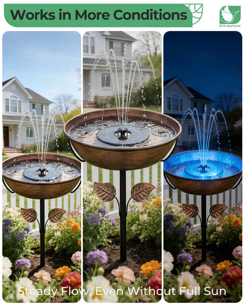 Metal Bird Bath With Solar Fountain, 13 Inch Bowl And 6.3 Inch Solar Pump, Battery And LED Lights, All In One Outdoor Water Feature in garden setup.