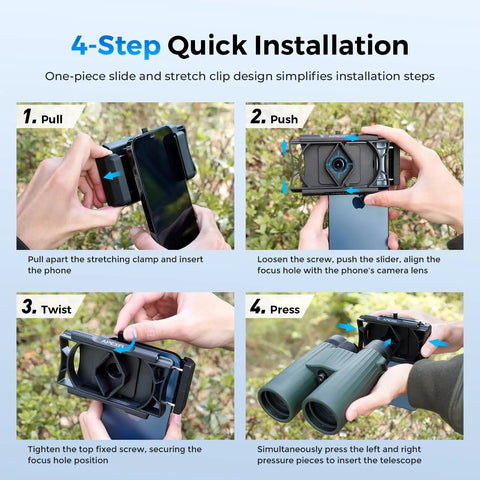 Step-by-step guide for using 360 Degree Rotating Telescope Phone Adapter For Android And iPhone with binoculars and smartphones.