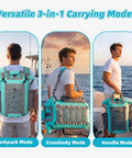 Person carrying Low Profile 25L Waterproof Deck Bag For Paddle Boards And Kayaks Roll Top Dry Bag in backpack, crossbody, and hand modes.