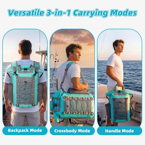 Person carrying Low Profile 25L Waterproof Deck Bag For Paddle Boards And Kayaks Roll Top Dry Bag in backpack, crossbody, and hand modes.