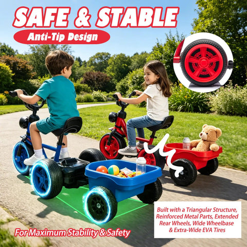 12V Kids Ride On Electric Tricycle With Stable Triangular Frame And Low Center Of Gravity, Adjustable Seat, Wide EVA Wheels, LED Headlight, Removable Storage Basket, Safe Easy Grip Pedals For Young Riders on park path