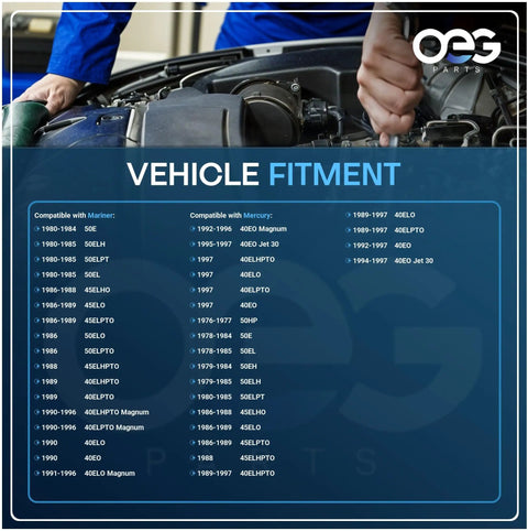 Image showing vehicle fitment chart for Replacement Starter For Mercury Mariner Outboard 40HP To 50HP Plug And Play Install