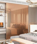 Ridiculously Sleek Rose Gold Metallic Peel And Stick Wall Panels Shimmer Stripe in modern bedroom decor, accent wall design.