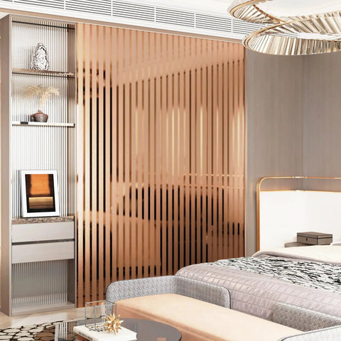 Ridiculously Sleek Rose Gold Metallic Peel And Stick Wall Panels Shimmer Stripe in modern bedroom decor, accent wall design.