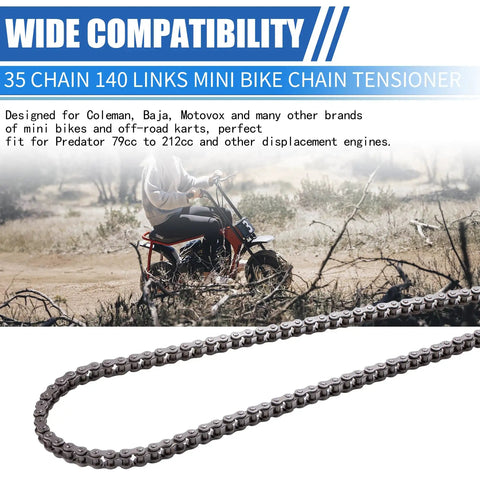 Beefed Up 35 Chain 140 Links Mini Bike Chain Tensioner displayed in off-road setting